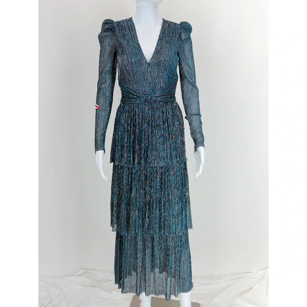 Sabina Musayev Pleated Carry Dress Teal Metallic Tiered Midi V-Neck XS - Picture 3 of 8